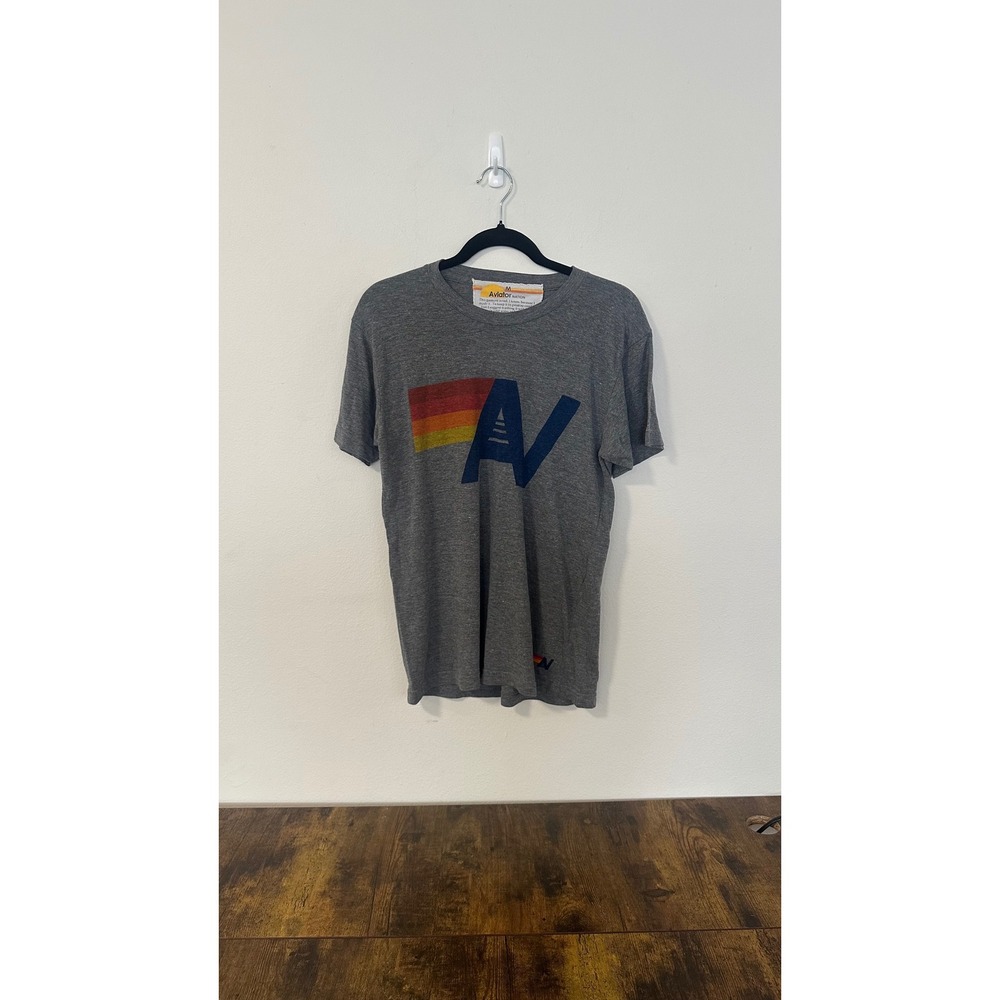 Aviator Nation Womens Gray Rainbow AV Logo Graphic T-Shirt Size M